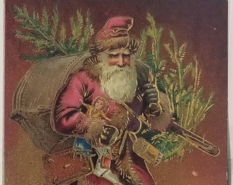 Christmas Postcard Old World Santa Claus Carrying Tree & Toys Gold Highlights Pink Robe