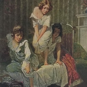 Artist Postcard John Adolf Mouse and Little Mouse Girls Standing on Bed Early 1900s