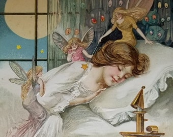 Halloween Postcard Embossed Woman Sleeping Fairies & Goblins All Around Artist Samuel Schmucker Winsch Publishing