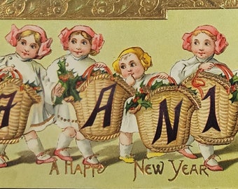 New Year Postcard Children Carrying Basket of Holly Gold Embossed