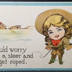 Cowgirl Postcard Cartoon Woman on Ranch Get Roped