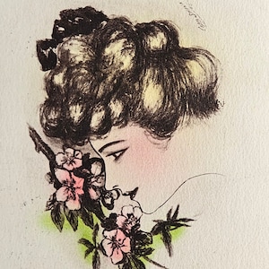 Artist Postcard Cobb Shinn Art Nouveau Brunette Woman Smelling Flowers Hand Tinted 1908