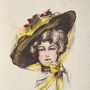 Artist Postcard Cobb Shinn Signed Edwardian Style Woman in Hat Hand Tinted Yellow 1908