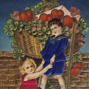 Vintage Valentine Postcard, Children in Silk Clothing on Ladder with Giant Basket of Hearts, Antique German Valentine&#39;s Post Card