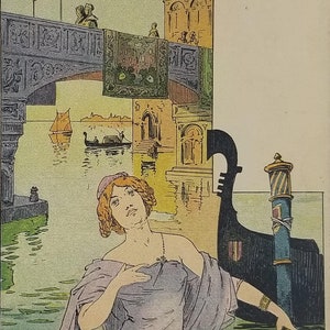 Artist Postcard Art Nouveau French Signed E Louis Lessieux Bathing Through Time Series the 16th Century Unused