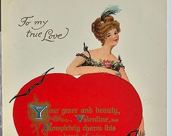 Valentine Postcard Woman with Giant Heart Gold Writing Series 1255 Dutton Publishing
