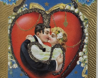 Valentine Postcard Couple Embracing in Giant Heart Gold Embossed Applied Glitter