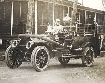 RPPC Real Photo Postcard Early 1900s Fire Truck With Driver Tropical Background with Palm Trees