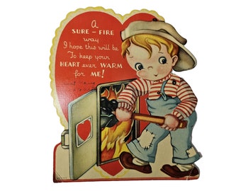 Antique Die Cut Mechanical Valentine Card Boy Shoveling Coal Into Burning Furnace