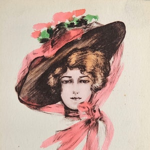 Artist Postcard Cobb Shinn Signed Edwardian Style Woman in Hat Hand Tinted Pink 1908