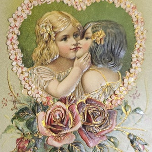 Vintage Valentine Postcard, Little Girls Sharing Hug & Kiss Roses Heart Gold Embossed Charity, Antique Valentine&#39;s Post Card, EAS Pub