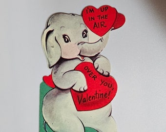 Vintage Valentine Card Elephant with Hearts 1930s