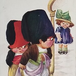 Comical Postcard Artist Fred Spurgin Boys Dressed as Turkish Guard Hiding From Approaching Girl