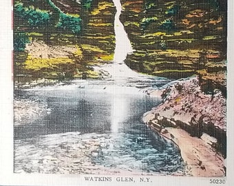Watkins Glen NY Linen Postcard: Cathedral Rapids & Cascade