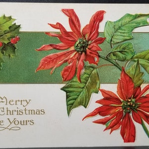 Christmas Postcard Poinsettias and Holly Holiday Good Wishes