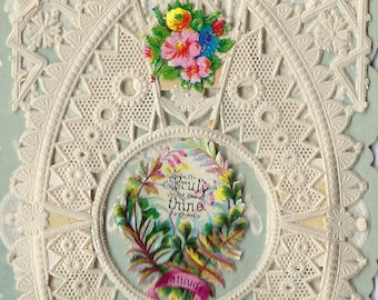 Puede incluir: Una tarjeta vintage de San Valentín con un delicado diseño de encaje y detalles florales. La tarjeta presenta el texto "Truly thine" y "With my love."