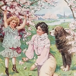 Easter Postcard Mother and Child with Dog Under Cherry Blossoms