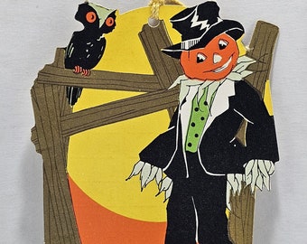 Vintage Halloween Decoration Tally Card Die Cut JOL Pumpkin Scarecrow Man in Top Hat Owl by Whitney Pub