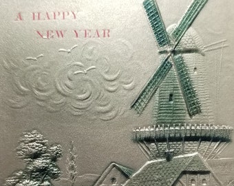 Gold Embossed Happy New Year Postcard: Green Windmill Scene