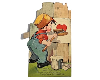 Vintage Die Cut Valentine Mechanical Card Boy Putting Up Heart Poster on Fence