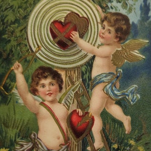 Vintage Valentine Postcard, German Series 244 Cupids Playing Bullseye with Hearts, Antique Post Card Gel Finish