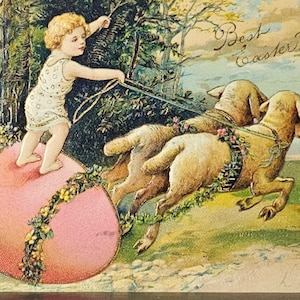 Easter Postcard Cherub Riding Egg with Lambs PFB No 5840
