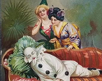 Carnival Themed Postcard Pierrot Asleep on Sofa Women in Costume Watching Raphael Tuck Series 117