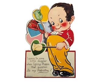 Vintage Die Cut Valentine Card Boy Holding Lollipop Flower Bouquet Marked Germany
