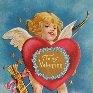Valentine Postcard Series 1 Cupid Holding Heart Floating on Cloud image 1