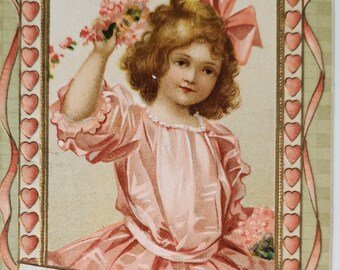 Valentine Postcard Little Girl Dressed in Pink Holding Flowers Printed in Germany