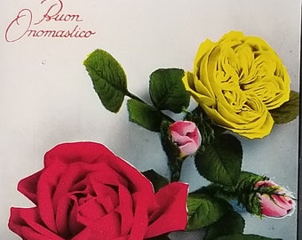 Vintage Italian Birthday Postcard: Red & Yellow Roses, Series 814