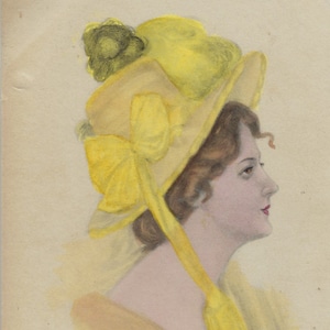 Artist Postcard Hand Tinted Woman Profile Image Wearing Yellow Dress Matching Bonnet