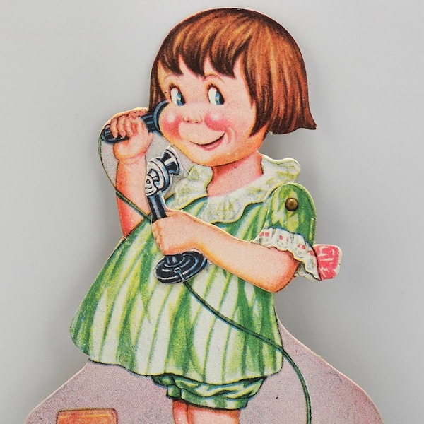 Vintage Die Cut Mechanical Valentine Card Little Girl on Phone Charles Twelvetrees