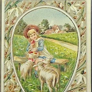 Easter Postcard  Embossed Art Nouveau with Girl with Baby Lambs