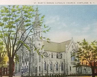 NY Scenic Linen Postcard St Mary's Roman Catholic Church Cortland New York