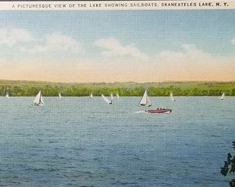 NY Scenic Linen Postcard A View O The Lake Showing Sailboats Skaneateles Lake New York