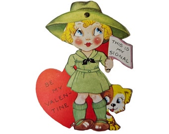 Antique Vintage Die Cut Mechanical Valentine Card Little Girl in Green with Puppy Dog