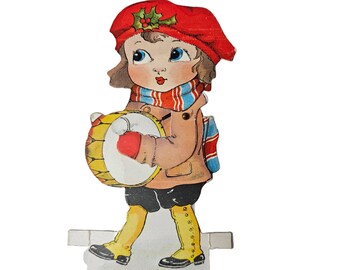 Vintage Merry Christmas & Happy New Year Mechanical Card Little Girl Playing Drums