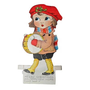 Vintage Merry Christmas & Happy New Year Mechanical Card Little Girl Playing Drums