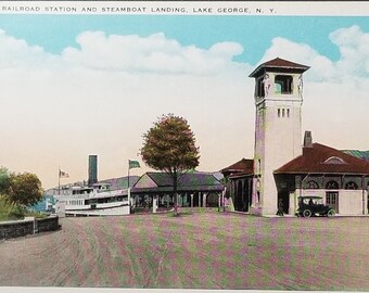 Lake George Adirondacks NY Postcard Railroad Station Depot And Steamboat Landing NM