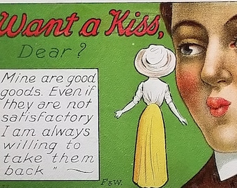 Comic Postcard Artist F. Bluh Want a Kiss Dear Giant Man Small Woman FW Pub