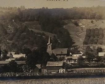 RPPC Real Photo Postcard Boston NY Birds Eye View Town Church Homes Ashcraft Pub