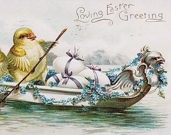 Easter Postcard Ellen Clapsaddle Anthropomorphic Baby Chicks Singing in Row Boat with Flowers