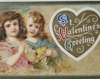 Valentine Postcard Two Little Girls with Flowers Gold Heart Art Nouveau Artist Schmucker Published by John Winsch