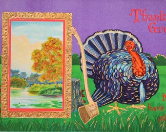 Thanksgiving Postcard Turkey in Meadow with Ax Gel Finish Gold Embossed Series 7152