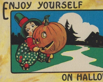 Halloween Postcard Series 9086 Bergman Little Witch Holding JOL