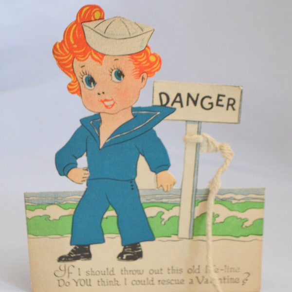 Valentine's Day Card Stand Up Sailor Boy with Red Hair In Waves with Cloth String Tied on Pole