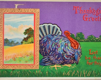 Thanksgiving Postcard Turkey in Meadow Gel Finish Gold Embossed Series 7152