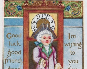 Embossed New Year Postcard Colonial Dressed Person Stepping From Clock Gold Highlights