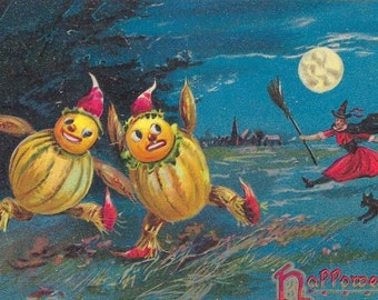 Halloween Postcard JOL Gourd Men Running from Witch in Red Dress & Black Cat Raphael Tuck Sons Series 150